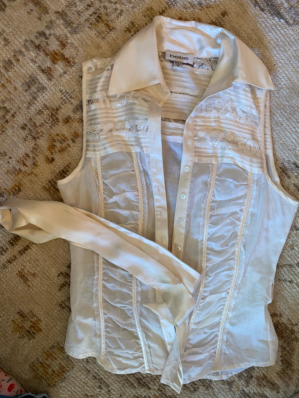 bebe Ivory Lace-Trim Sheer Camisole with Satin Tie